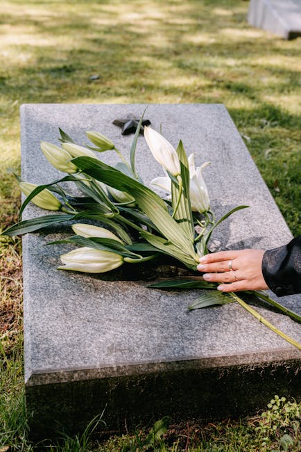 A person placing a bouquet of white lilies with long green leaves and cream-colored petals onto a polished gray granite memorial stone at a cemetery. The bouquet is wrapped in clear plastic, and the i