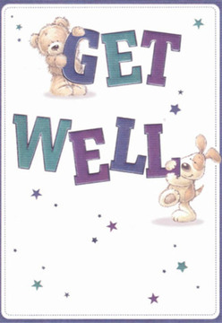 Brimming with comfort and optimism, this illustrated get well card captures the thoughtful warmth characteristic of Southfields' local florists. A cuddly teddy bear, its fur softly brushed in shades of caramel and ivory, clings endearingly to the bold letter 'G' of 'GET,' conveying both sweetness and steadfast support. Below, a floppy-eared puppy nuzzles the equally robust 'WELL,' its expressive features conveying a sense of hope and gentle encouragement. The oversized letters, vibrant in indigo and teal, command attention against the crisp, clean white background, reminiscent of cheerful window displays found in Southfields florists near Wimbledon Park tube. Twinkling stars in swirling shades of blue and purple infuse the artwork with a touch of playful magic-much like the uplifting notes of a hand-tied bouquet delivered locally. The gentle textures-the soft, almost tangible plushness of the bear and velvety puppy's ears-offer tactile comfort, while the overall atmosphere recalls the supportive spirit so present in Southfields. Whether placed beside fresh blooms or delivered directly to a recovering friend in the area, this card brings heartfelt warmth and reassurance to each recipient.